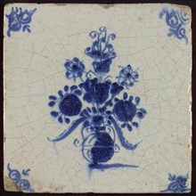 Tile, flowerpot in blue on white, corner pattern oxenkop, wall tile tile sculpture ceramic earthenware glaze, baked 2x glazed