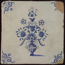 Tile, flowerpot in blue on white, corner motif oxenkop, fine painting, wall tile tile sculpture ceramic earthenware glaze, baked