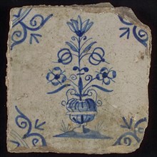 Tile, flower pot in blue on white, corner motif big ox head, wall tile tile sculpture ceramic earthenware glaze, baked 2x glazed