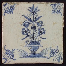 Tile, flower pot in blue on white, corner pattern ox head, wall tile tile sculpture ceramic earthenware glaze, baked 2x glazed