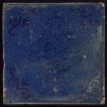 Tile, flower pot in blue on blue, corner motif oxenkop, misbaksel, wall tile tile sculpture ceramic earthenware glaze, baked 2x