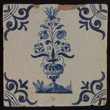 Tile, flower pot in blue on white, corner motif big ox head, wall tile tile sculpture ceramic earthenware glaze, baked 2x glazed