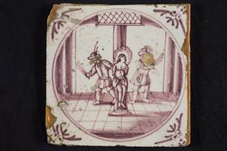 Scene tile, Jesus tied to pole and flogged by two Roman soldiers, corner pattern ox head, wall tile tile sculpture ceramic