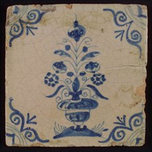 Tile, flower pot in blue on white, corner motif large ox-head, wall tile tile sculpture ceramic earthenware glaze, baked 2x