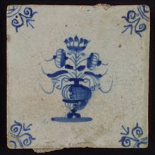 Tile, flowerpot in blue on white, corner motif of ox's head, wall tile tile sculpture ceramic earthenware glaze, baked 2x glazed