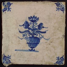 Tile, flower pot in blue on white, corner pattern ox head, wall tile tile sculpture ceramic earthenware glaze, baked 2x glazed