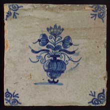 Tile, flower pot in blue on white, corner pattern ox head, wall tile tile sculpture ceramic earthenware glaze, baked 2x glazed