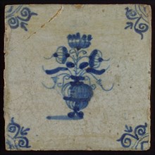 Tile, flowerpot in blue on white, corner motif oxenkop, glued corner fracture, wall tile tile sculpture ceramic earthenware