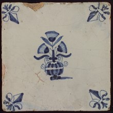 Tile, small flower pot in blue on white, corner pattern french lily, wall tile tile sculpture ceramic earthenware glaze, baked