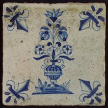 Tile, flower pot in blue on white, corner pattern french lily, wall tile tile sculpture ceramic earthenware glaze, baked 2x