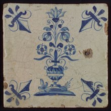 Tile, flowerpot in blue on white, corner pattern french lily, well to the right of the vase, wall tile tile sculpture ceramic