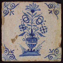 Tile, flower pot in blue on white, corner motif large ox head, wall tile tile sculpture ceramic earthenware glaze, baked 2x