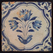 Tile, three-tier in braces in blue on white, corner motif, wing, wall tile tile sculpture ceramic earthenware glaze, baked 2x