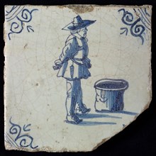 Occupation tile, blue with warrior standing by barrel, corner motif oxen head, wall tile tile sculpture ceramic earthenware