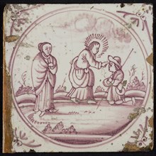 Scene line, Jesus touches eyes of kneeling blind man, corner motif ox's head, wall tile tile sculpture ceramic earthenware glaze