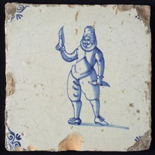 Occupation tile, blue with weaver with weaving spool, corner motif of ox's head, wall tile tile sculpture ceramic earthenware