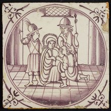 Scene line, Jesus with three figures, corner pattern ox's head, wall tile tile sculpture ceramics pottery glaze, baked 2x glazed