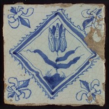 Tile, tulip on ground within serrated squared, in blue on white, corner pattern french lily, wall tile tile sculpture ceramics