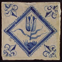 Tile, tulip on ground within serrated square, in blue on white, corner pattern french lily, wall tile tile sculpture ceramic