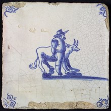 Figure tile, blue with farmer with bovine, corner motif ox's head, wall tile tile sculpture ceramics pottery glaze, baked 2x