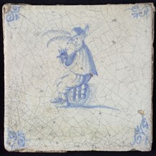 Scene line, proverb, blue with 'Hennentaster', man with hen, the man feels to the hen if an egg arrives, corner pattern ox head
