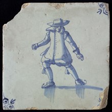 Figure tile, blue with skating man, nobleman, nicely dressed with big hat, corner pattern ox-head, wall tile tile sculpture