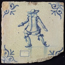 Figure tile, blue with skating man, nobleman, nicely dressed with big hat, corner pattern ox-head, wall tile tile footage earth