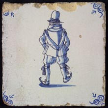 Figure tile, blue with skating man, seen from behind, nobleman with top hat, corner pattern ox head, wall tile tile sculpture