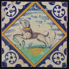 Animal tile, jumping dog on plot within square with palm corner in green, yellow, purple and blue on white, wall tile