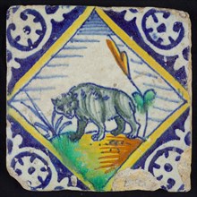 Animal tile, gray bear to the left on ground within square with palm corner in green, yellow, brown and blue on white, wall tile