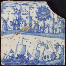 Tile blue on white in two levels, above mills, houses and tree, under sailing ships, birds and ruin, tile picture footage