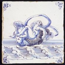 Scene tile, merman with naked woman on his back, corner pattern spider, wall tile tile sculpture ceramic earthenware glaze