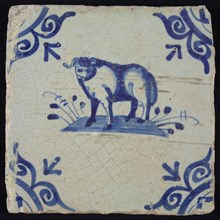 Animal tile, ram to the left on ground, in blue on white, corner motif large ox head, wall tile tile sculpture ceramics pottery