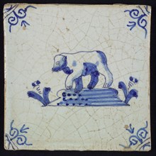 Animal tile, bear to the left on plot of blue on white, corner motif of ox's head, wall tile tile sculpture ceramic earthenware
