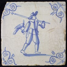 Figure tile, blue with falconer with falcon in the right hand and staff over the left shoulder, corner motif oxen head, wall