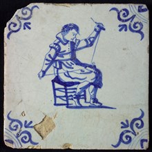 Occupation tile, blue with seated cobbler, corner motif oxen head, wall tile tile sculpture ceramics pottery glaze, baked 2x