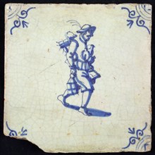 Figure tile, blue with hawker, man full of bottles and kegs, corner motif of ox's head, wall tile tile sculpture ceramic