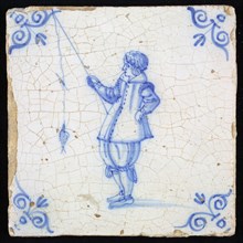 Figure tile, blue with man with fishing rod with fish, corner motif of ox's head, wall tile tile sculpture ceramic earthenware