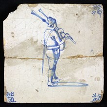 Figure tile, blue with running bagpipe player, corner motif oxen head, wall tile tile sculpture ceramic earthenware glaze, baked
