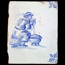 Figure tile, proverb, blue with the 'barrel counter', man who drops barley grains into pot, corner motif oxen head, wall tile