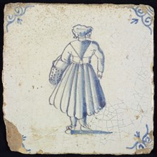 Figure tile, blue with lady with wide skirt and basket on the arm, seen on the back, corner pattern ox head, wall tile