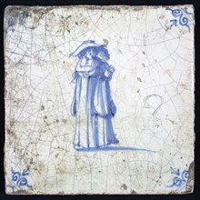 Figure tile, blue with lady with big hat with plume, laced straitjacket and recorded overcoat, corner pattern ox head, wall tile