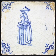 Figure tile, blue with lady with Chinese sun hat and basket on the arm, corner pattern ox head, wall tile tile sculpture ceramic