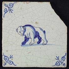 Animal tile, bear left in blue on white, corner patterned ox head, wall tile tile sculpture ceramic earthenware glaze, baked 2x