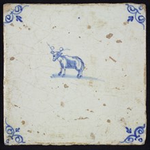 Animal tile, deer to the left, in ox on white, corner patterned ox-head, wall tile tile sculpture ceramic earthenware glaze