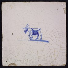 Animal tile, running goat to the left, in blue on white, without corner motif, wall tile tile sculpture ceramic earthenware