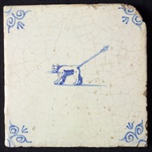 Animal tile, walking panther with very long tail in which knot to the left, in blue on white, corner motif; ox head, wall tile