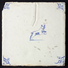 Animal tile, jumping dog to the left, in blue on white, corner motif; ox head, wall tile tile sculpture ceramic earthenware
