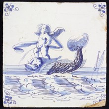 Scene tile, peeing winged Amor on the back of dolphin, corner pattern spider, wall tile tile sculpture ceramic earthenware glaze