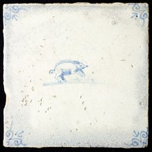 Animal tile, jumping boar to the right, in blue on white, corner motif oxen head, wall tile tile sculpture ceramic earthenware